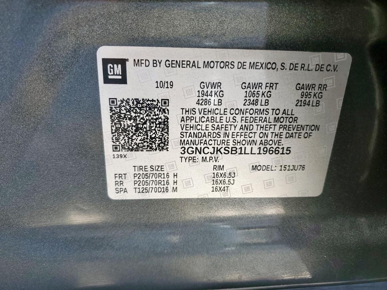 2020 Chevrolet Trax Ls VIN: 3GNCJKSB1LL196615 Lot: 92071865