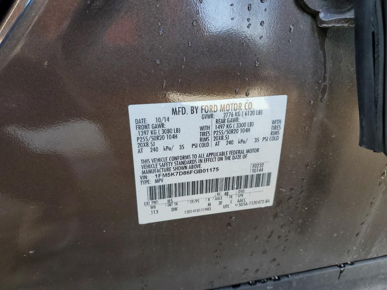 2015 Ford Explorer Xlt VIN: 1FM5K7D86FGB01175 Lot: 91393085