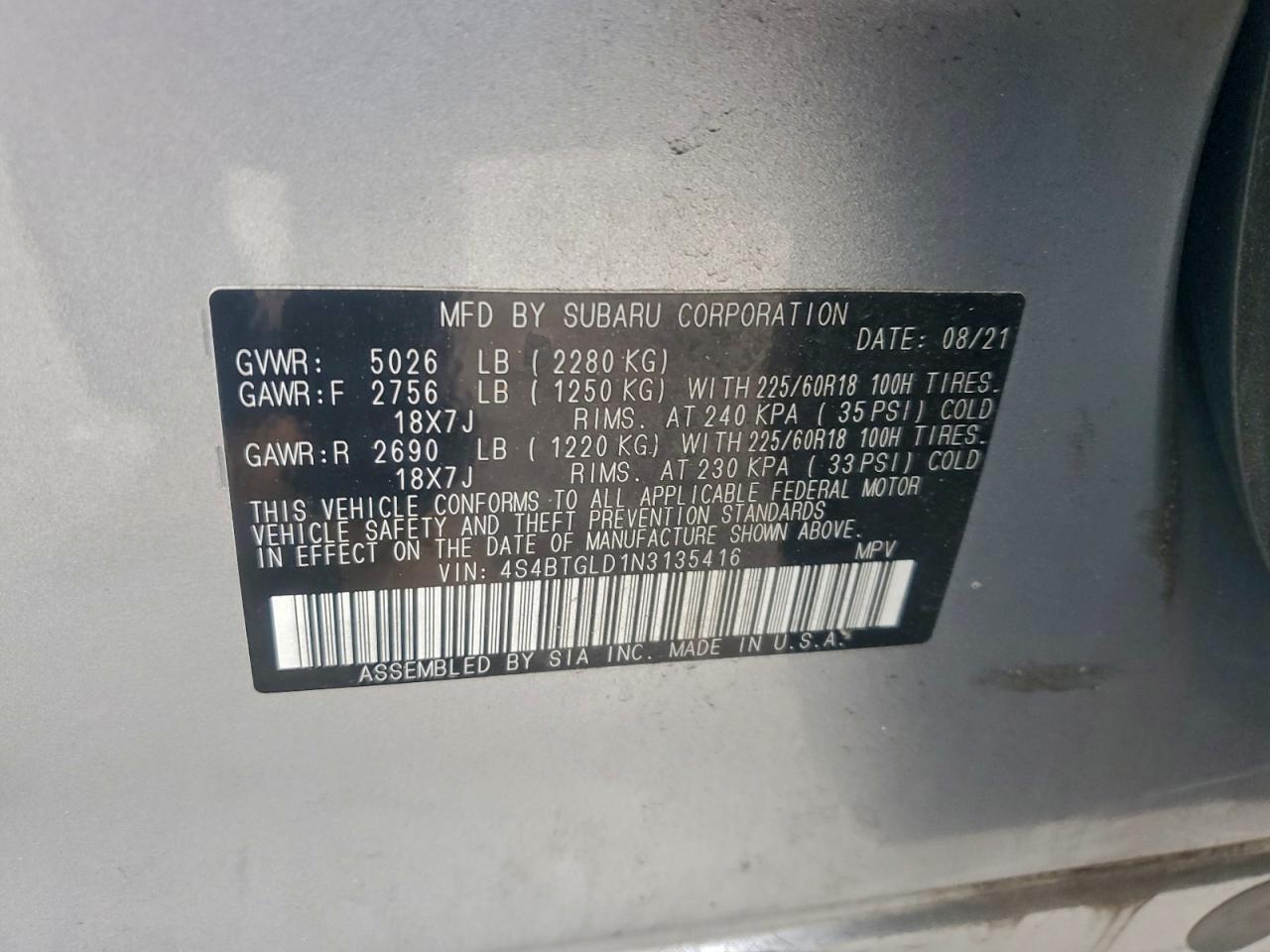 2022 Subaru Outback Onyx Edition Xt VIN: 4S4BTGLD1N3135416 Lot: 93187385