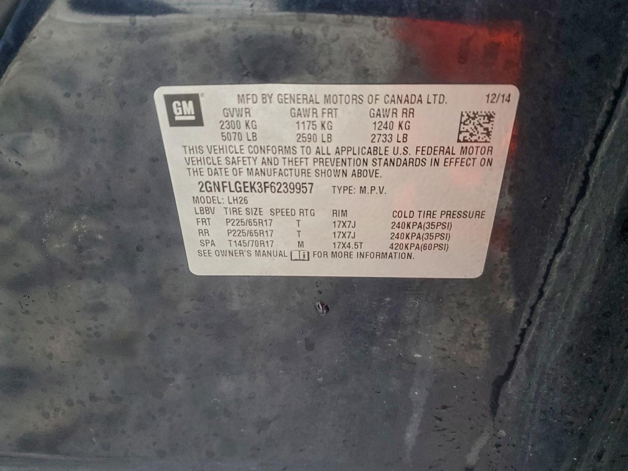 2015 Chevrolet Equinox Lt VIN: 2GNFLGEK3F6239957 Lot: 94240955