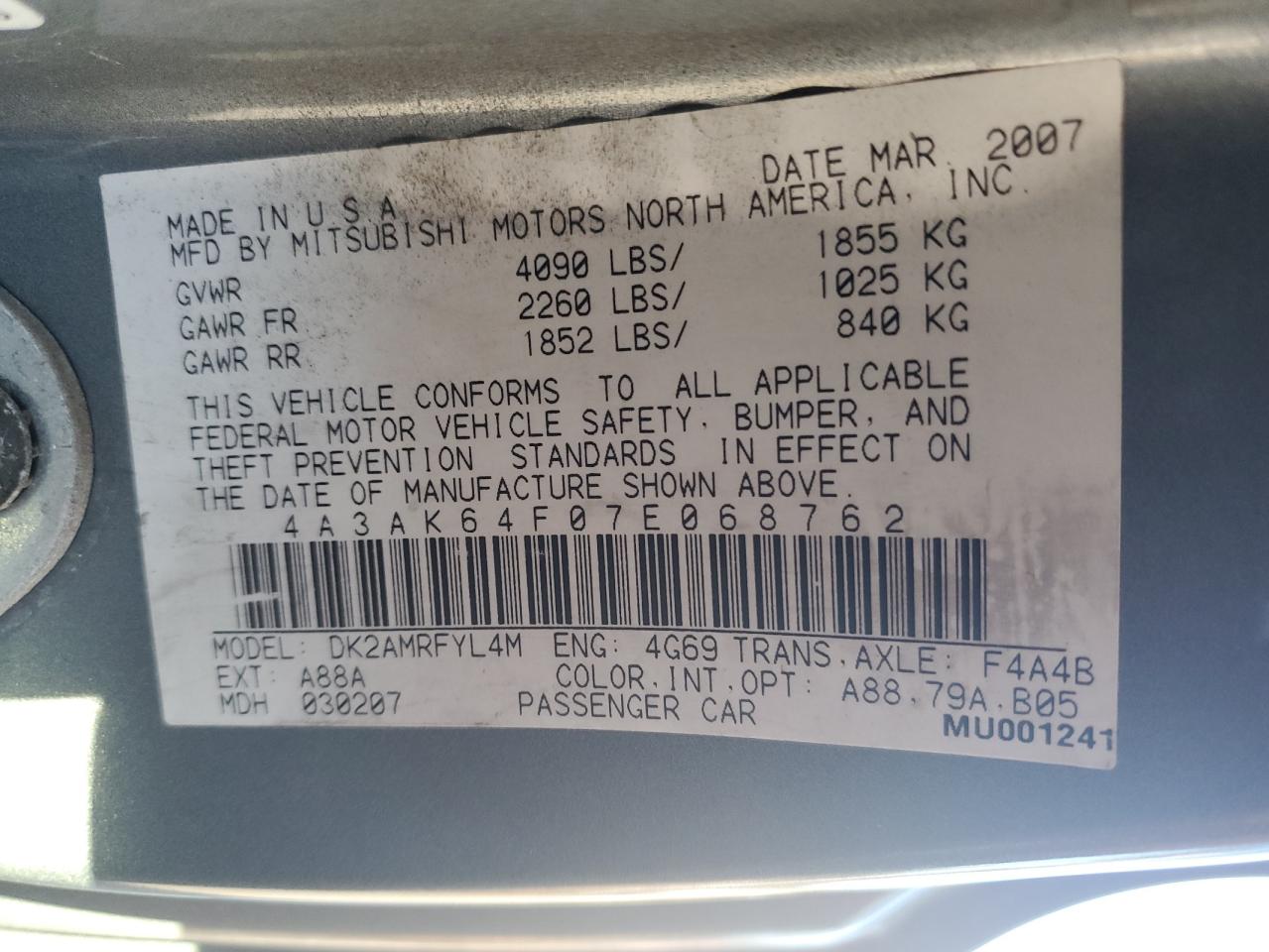 2007 Mitsubishi Eclipse Es VIN: 4A3AK64F07E068762 Lot: 92966025