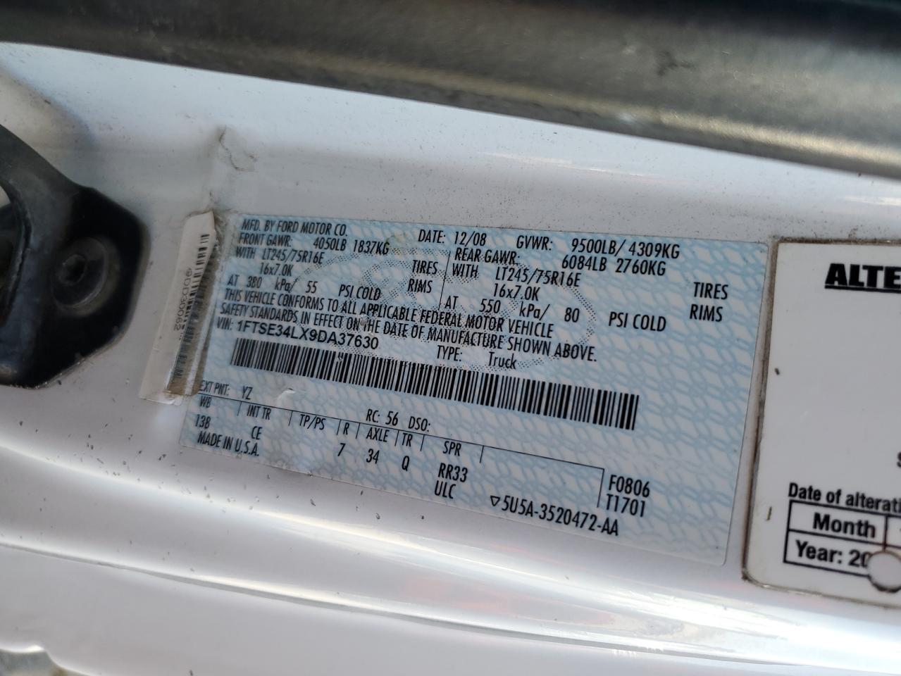 2009 Ford E350 Delivery Van VIN: 1FTSE34LX9DA37630 Lot: 92725995