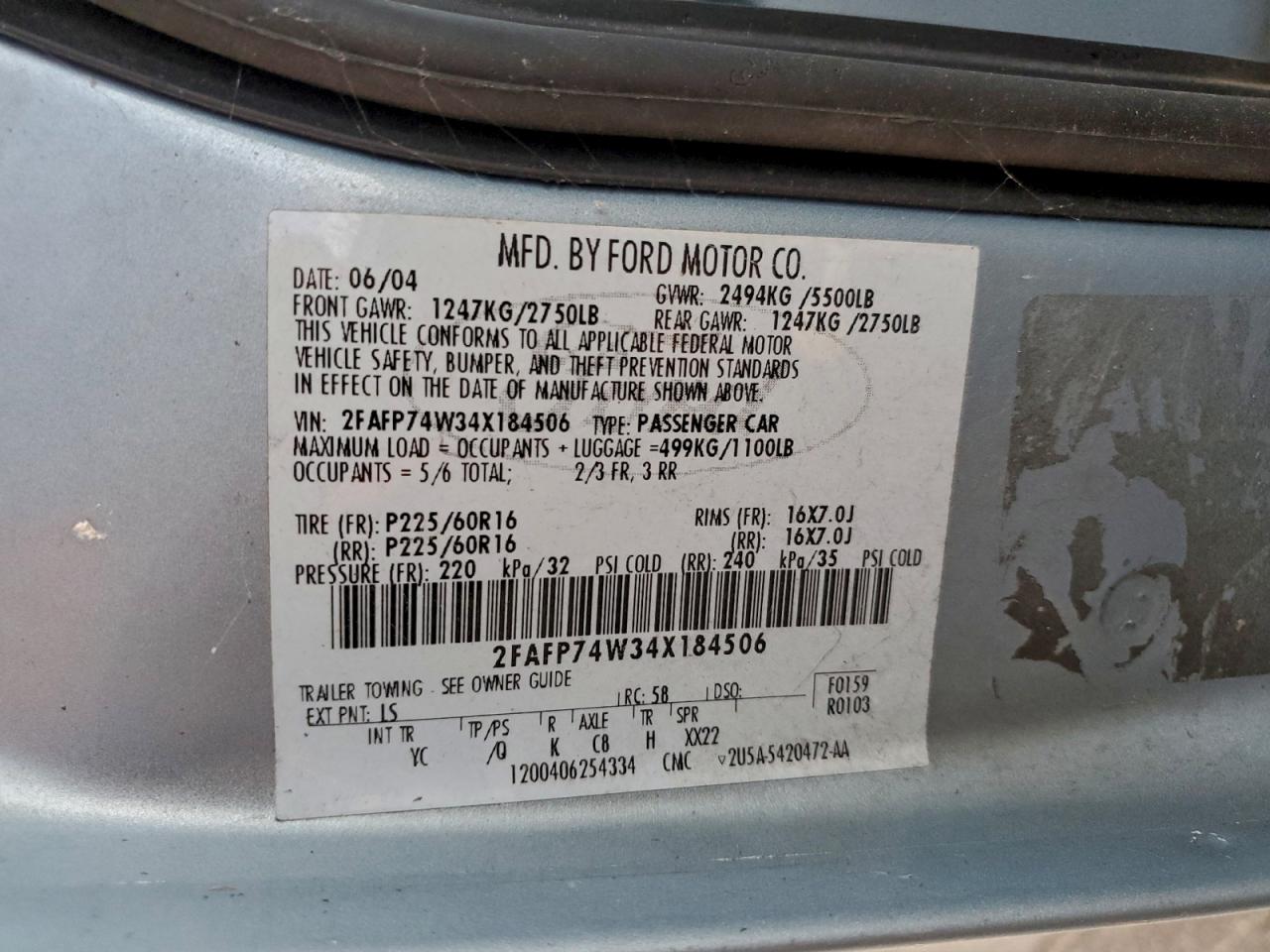 2004 Ford Crown Victoria Lx VIN: 2FAFP74W34X184506 Lot: 94120125