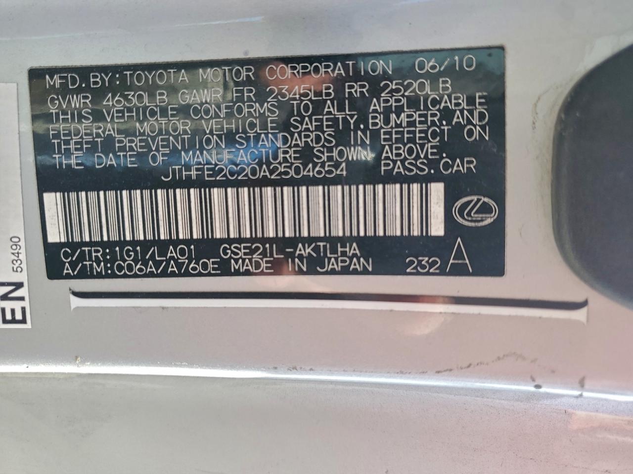 2010 Lexus Is 350 VIN: JTHFE2C20A2504654 Lot: 92246465