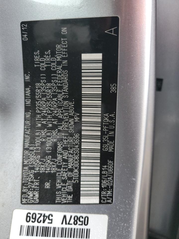 2012 Toyota Sienna Xle VIN: 5TDDK3DC8CS043696 Lot: 93143015