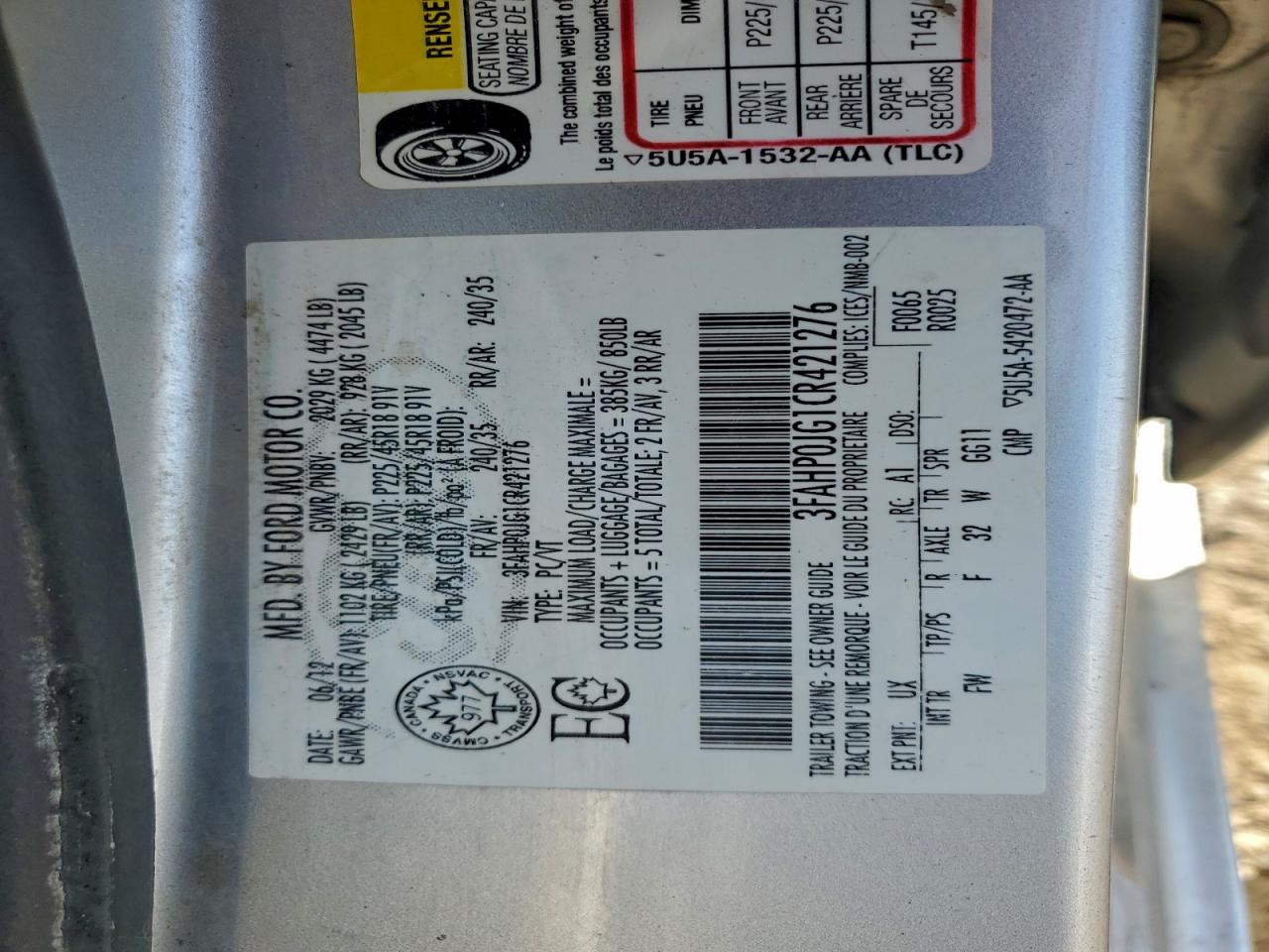 2012 Ford Fusion Sel VIN: 3FAHP0JG1CR421276 Lot: 94186585