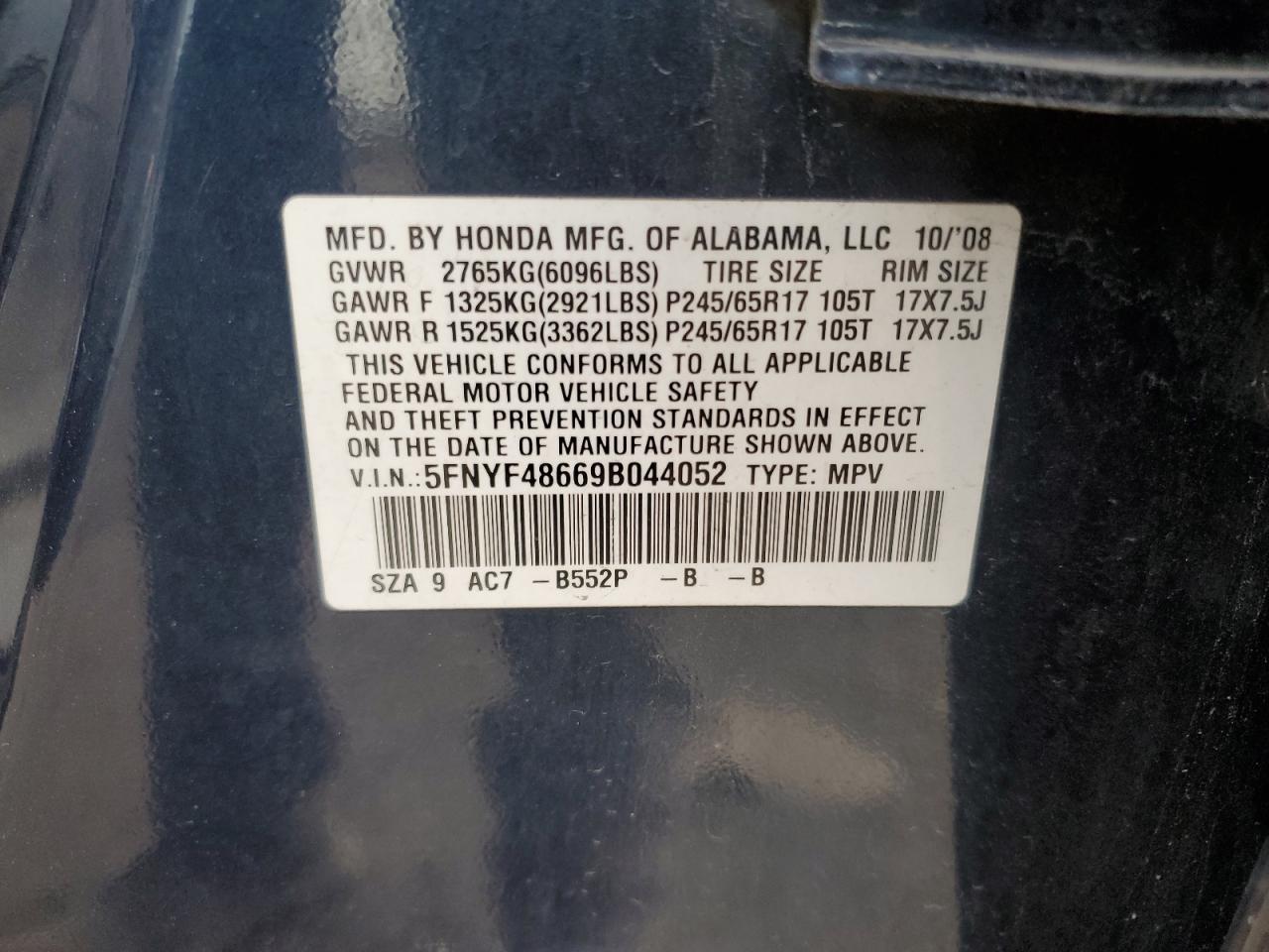 2009 Honda Pilot Exl VIN: 5FNYF48669B044052 Lot: 92167145