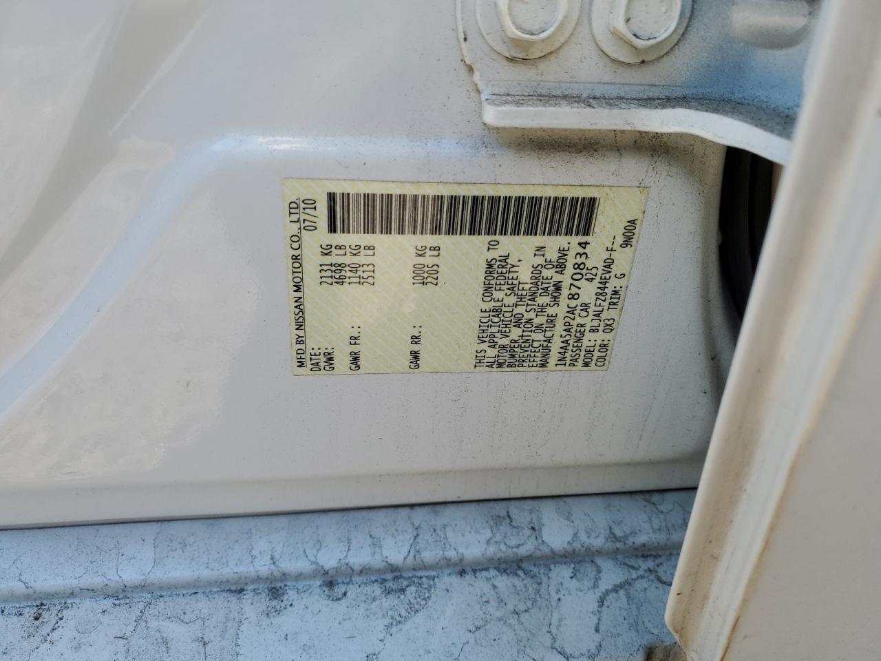 2010 Nissan Maxima S VIN: 1N4AA5AP2AC870834 Lot: 93396615