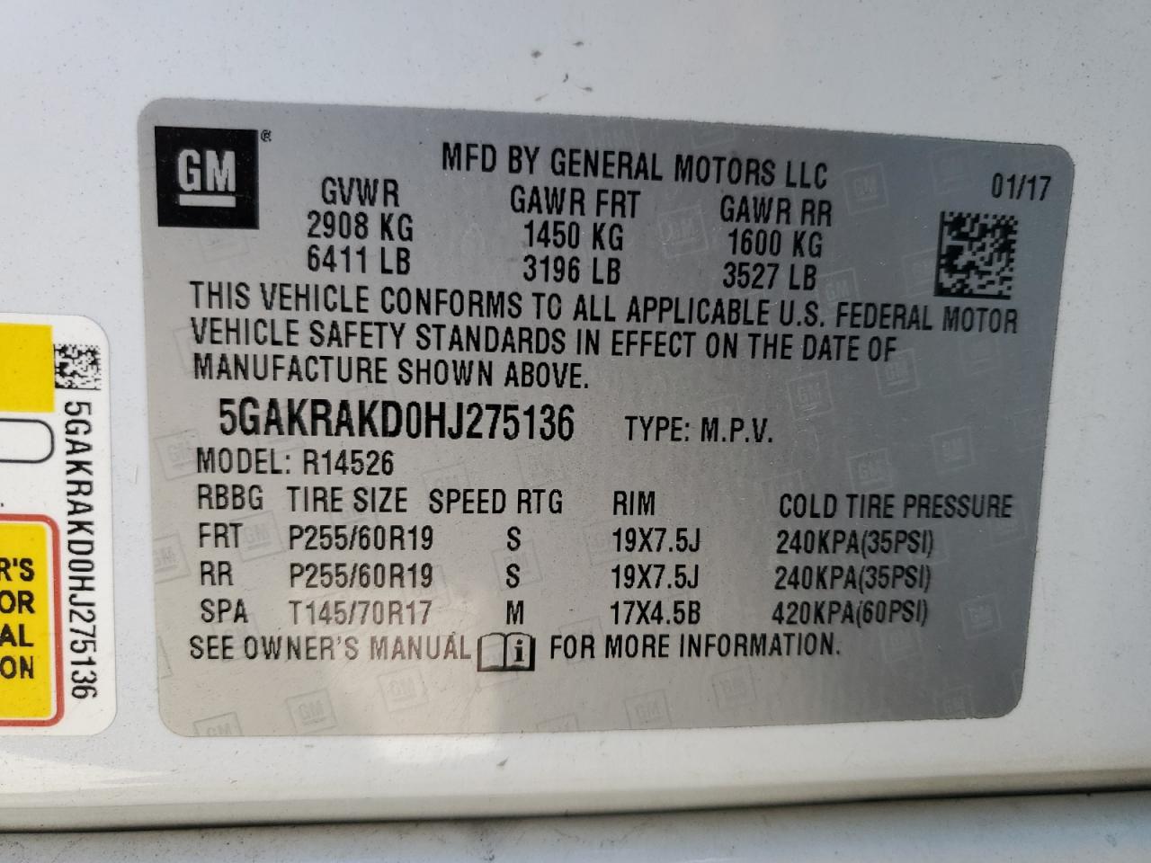 2017 Buick Enclave VIN: 5GAKRAKD0HJ275136 Lot: 91268565