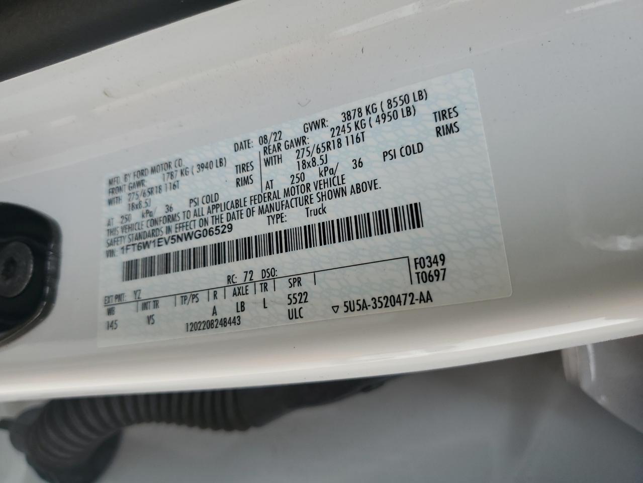 2022 Ford F150 Lightning Pro VIN: 1FT6W1EV5NWG06529 Lot: 90594305