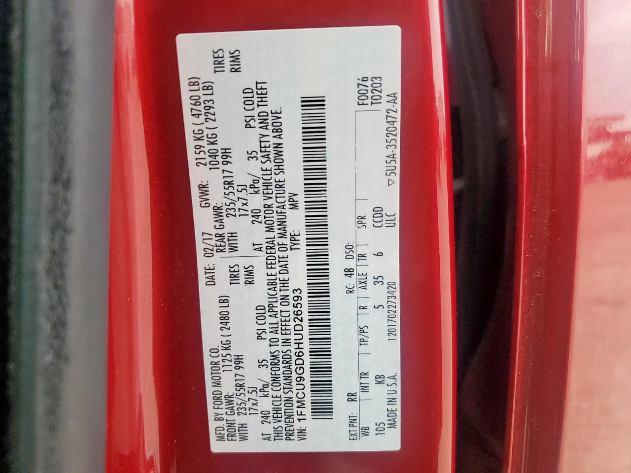 2017 Ford Escape Se VIN: 1FMCU9GD6HUD26593 Lot: 93848105