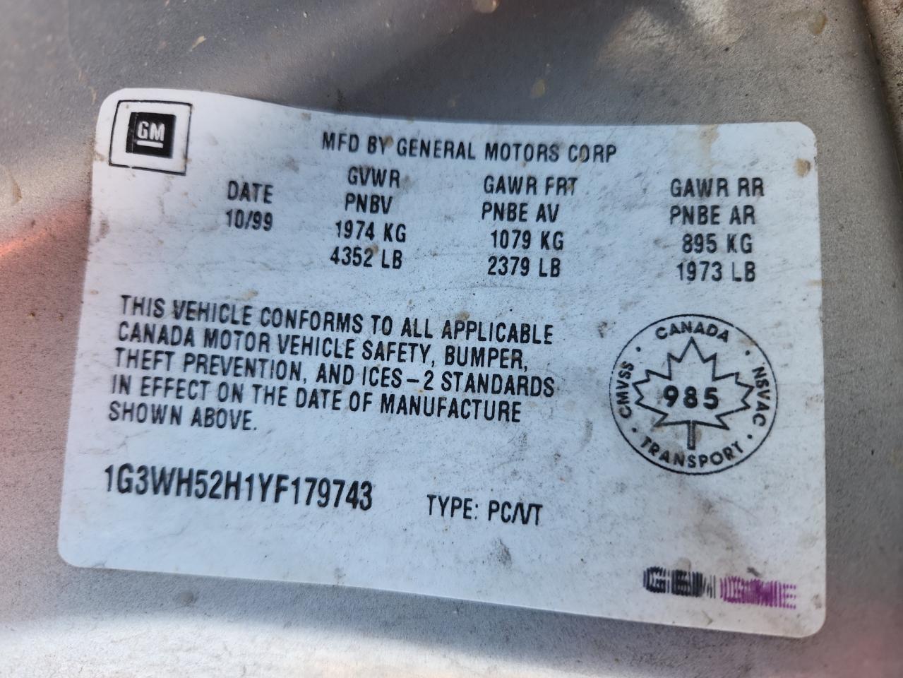 2000 Oldsmobile Intrigue Gx VIN: 1G3WH52H1YF179743 Lot: 93461905