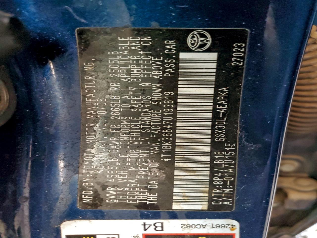 2007 Toyota Avalon Xl VIN: 4T1BK36B47U193619 Lot: 93947435