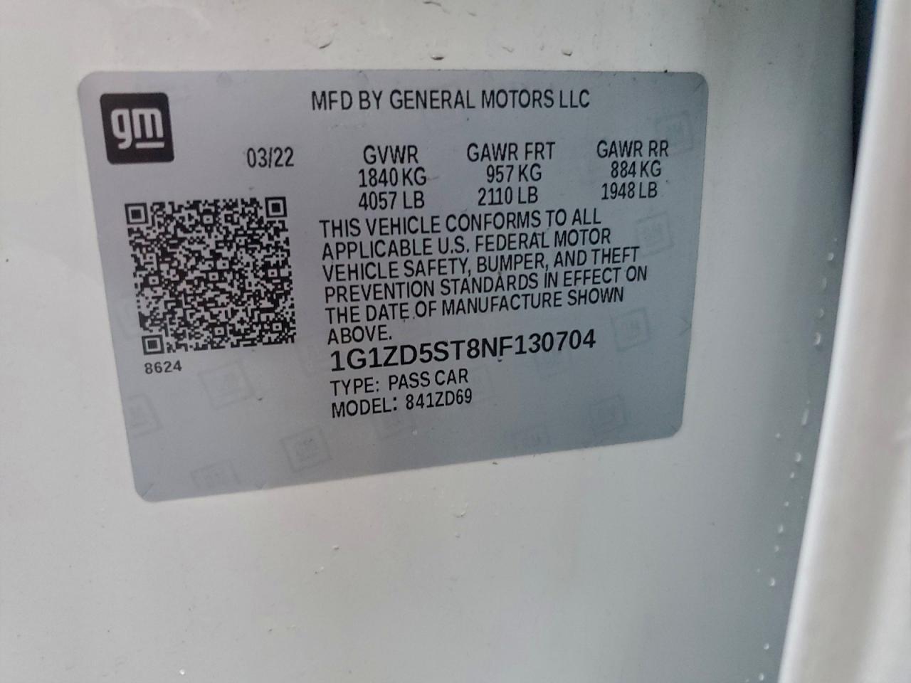 2022 Chevrolet Malibu Lt VIN: 1G1ZD5ST8NF130704 Lot: 94628175