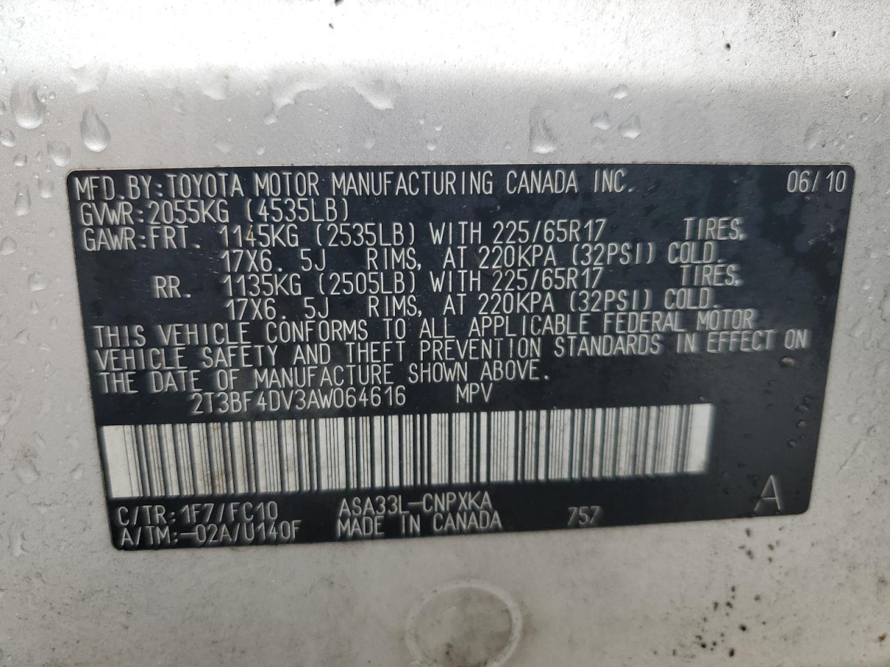 2010 Toyota Rav4 VIN: 2T3BF4DV3AW064616 Lot: 91899015