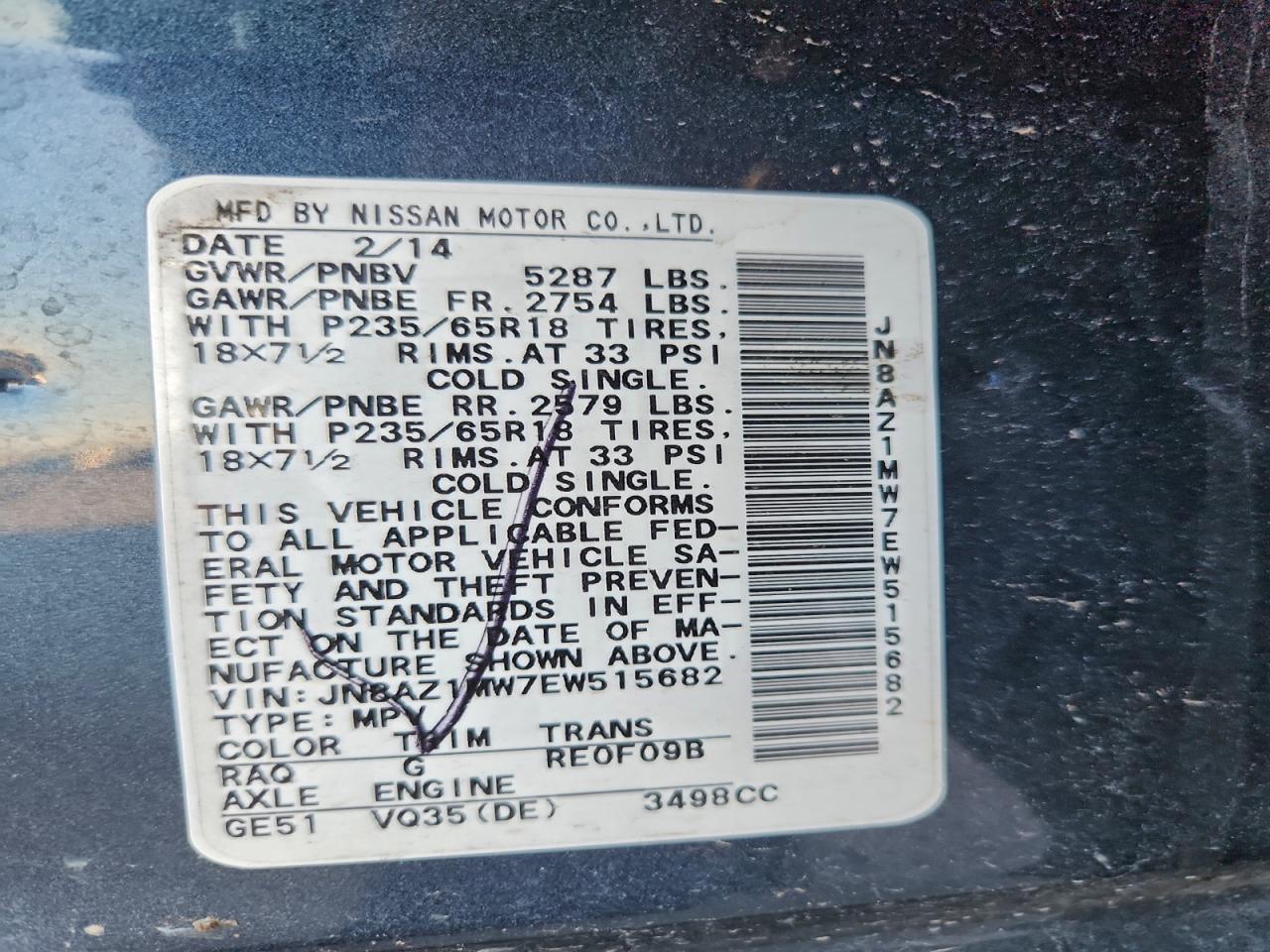 2014 Nissan Murano S VIN: JN8AZ1MW7EW515682 Lot: 94688935