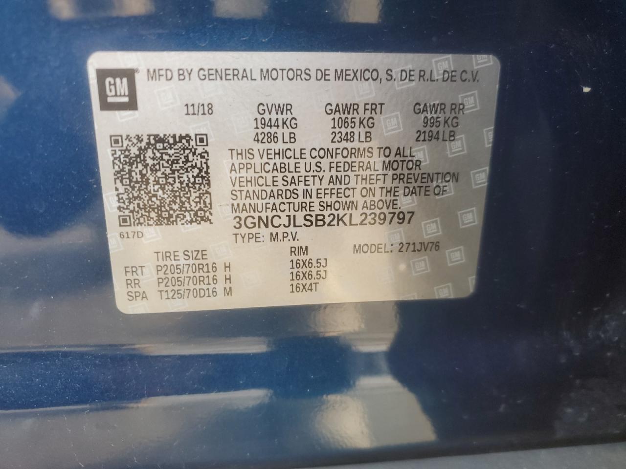 2019 Chevrolet Trax 1Lt VIN: 3GNCJLSB2KL239797 Lot: 91704045