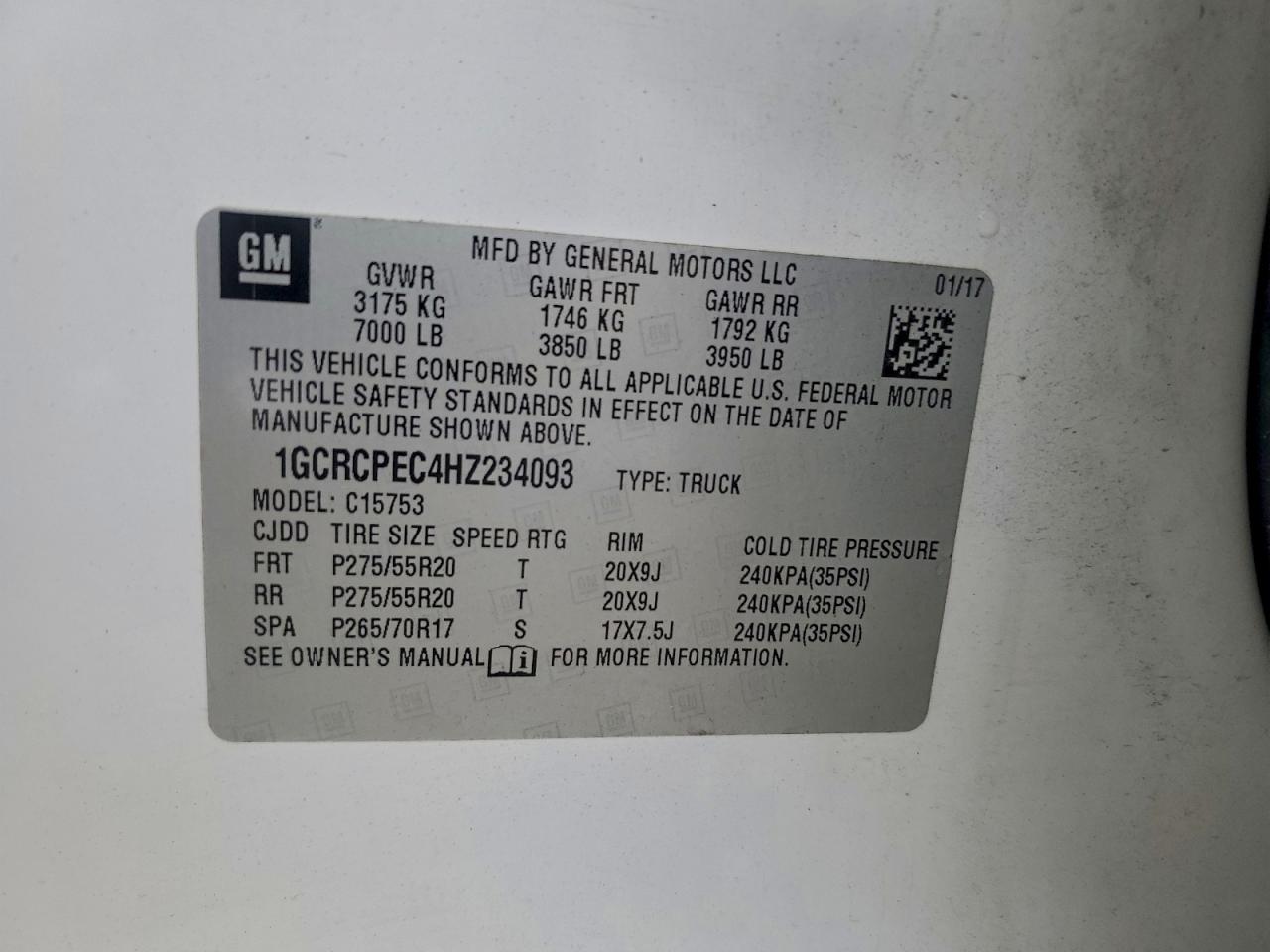 2017 Chevrolet Silverado C1500 Custom VIN: 1GCRCPEC4HZ234093 Lot: 94104335