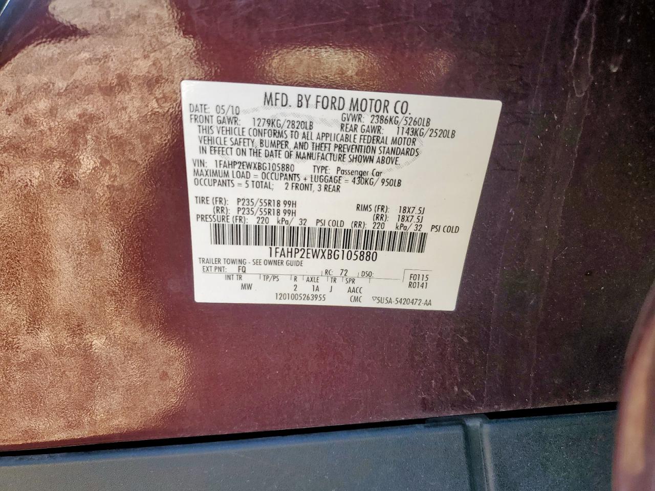 2011 Ford Taurus Sel VIN: 1FAHP2EWXBG105880 Lot: 92890825