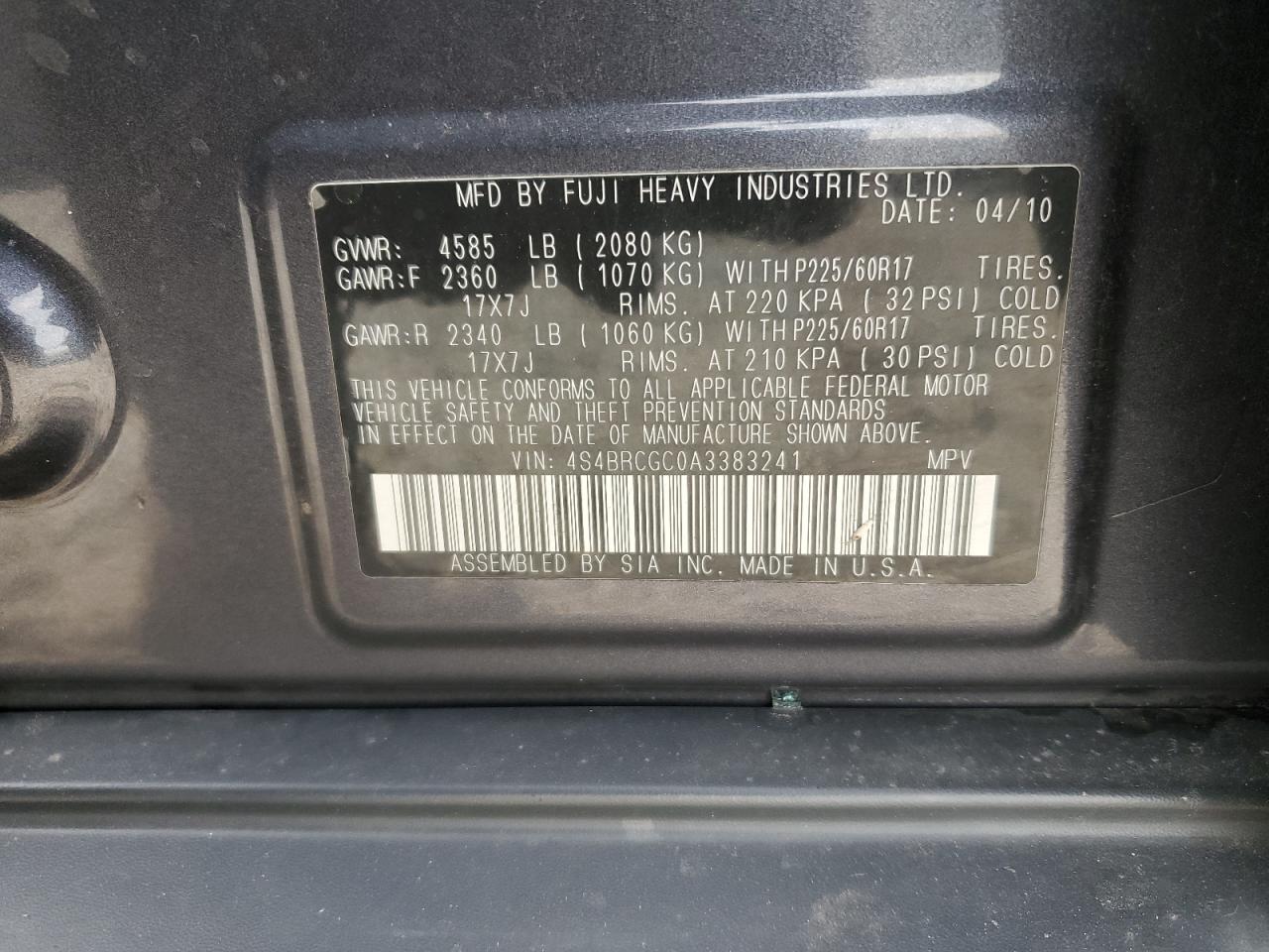 2010 Subaru Outback 2.5I Premium VIN: 4S4BRCGC0A3383241 Lot: 91833695