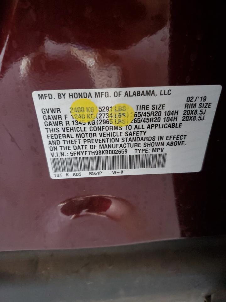 2019 Honda Passport Touring VIN: 5FNYF7H98KB002659 Lot: 92264155