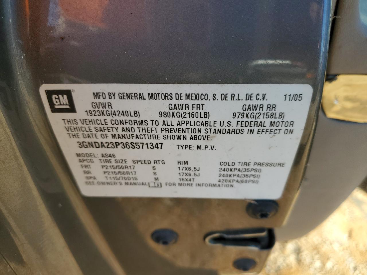 2006 Chevrolet Hhr Lt VIN: 3GNDA23P36S571347 Lot: 92864235