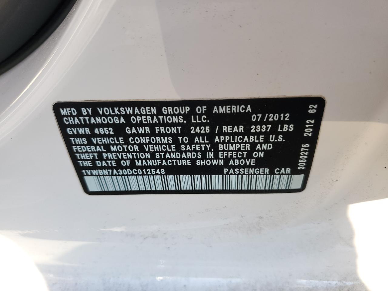 2013 Volkswagen Passat Se VIN: 1VWBN7A30DC012548 Lot: 93081315