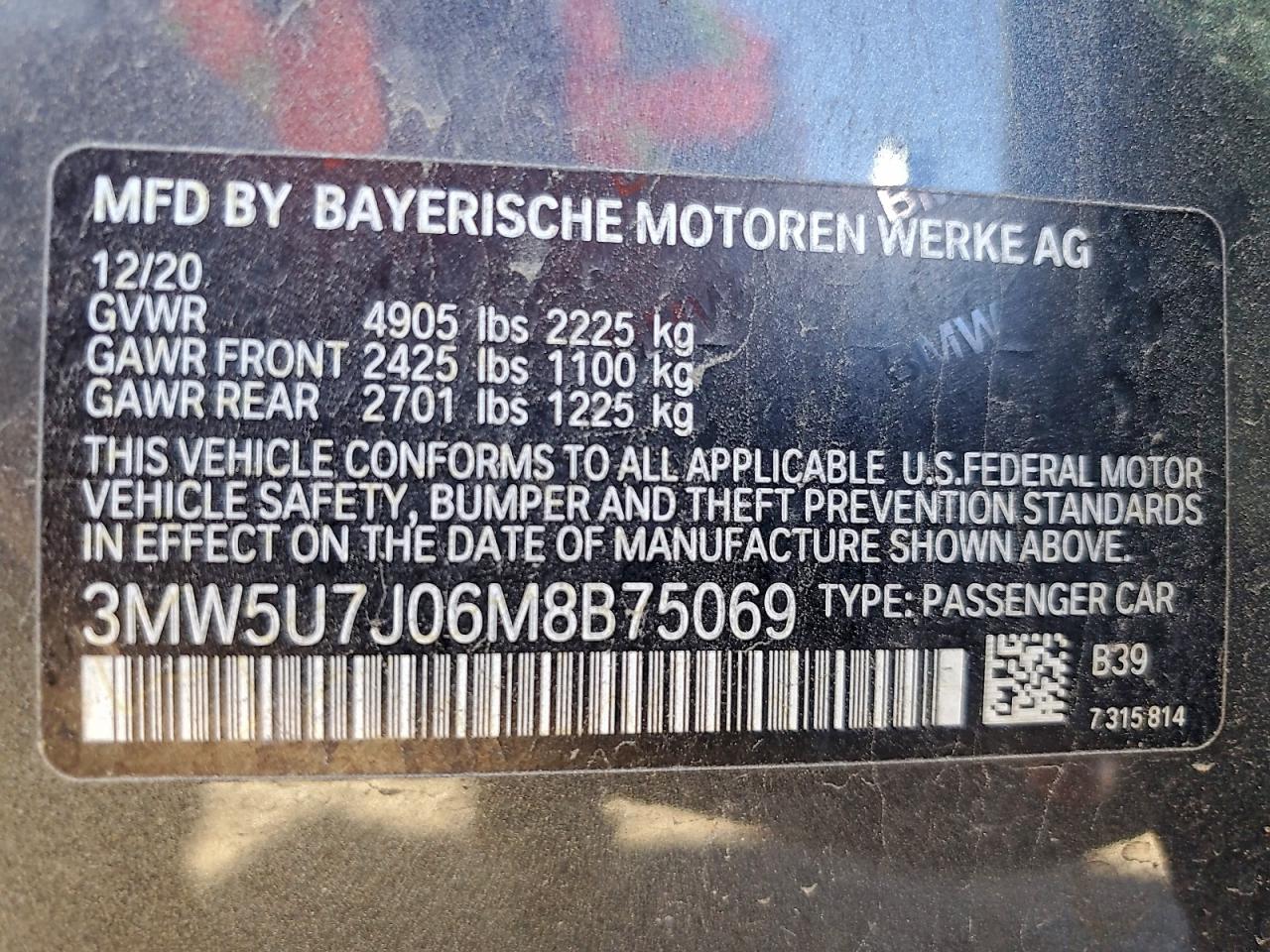 2021 BMW M340I VIN: 3MW5U7J06M8B75069 Lot: 94533695