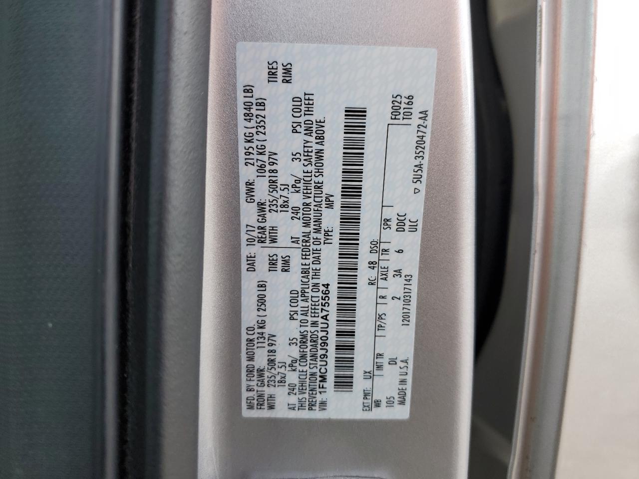 2018 Ford Escape Titanium VIN: 1FMCU9J90JUA75564 Lot: 92272435