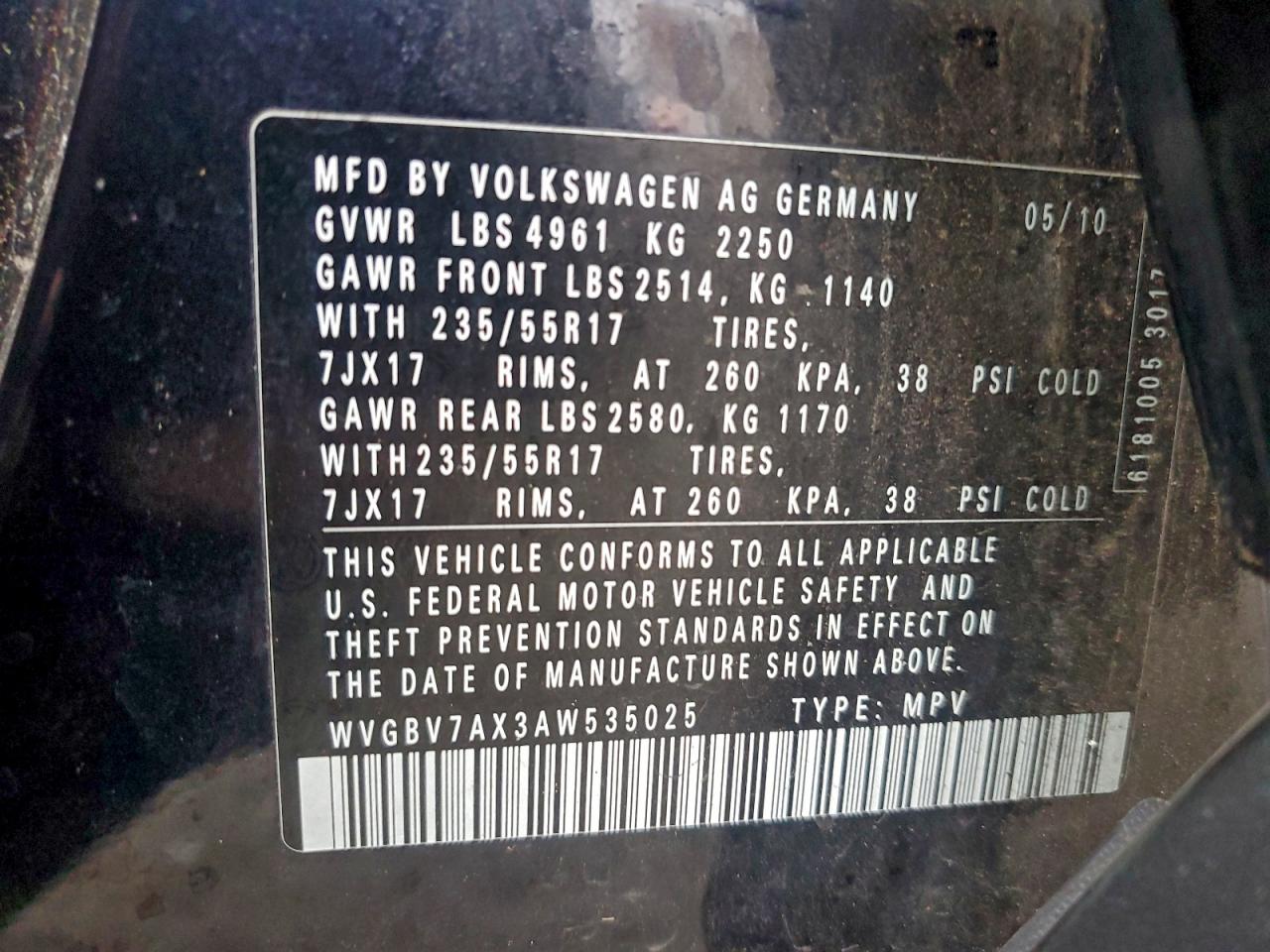 2010 Volkswagen Tiguan Se VIN: WVGBV7AX3AW535025 Lot: 92737255