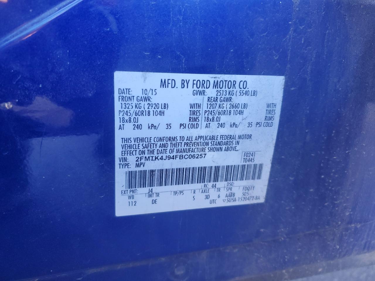 2015 Ford Edge Sel VIN: 2FMTK4J94FBC06257 Lot: 93205435