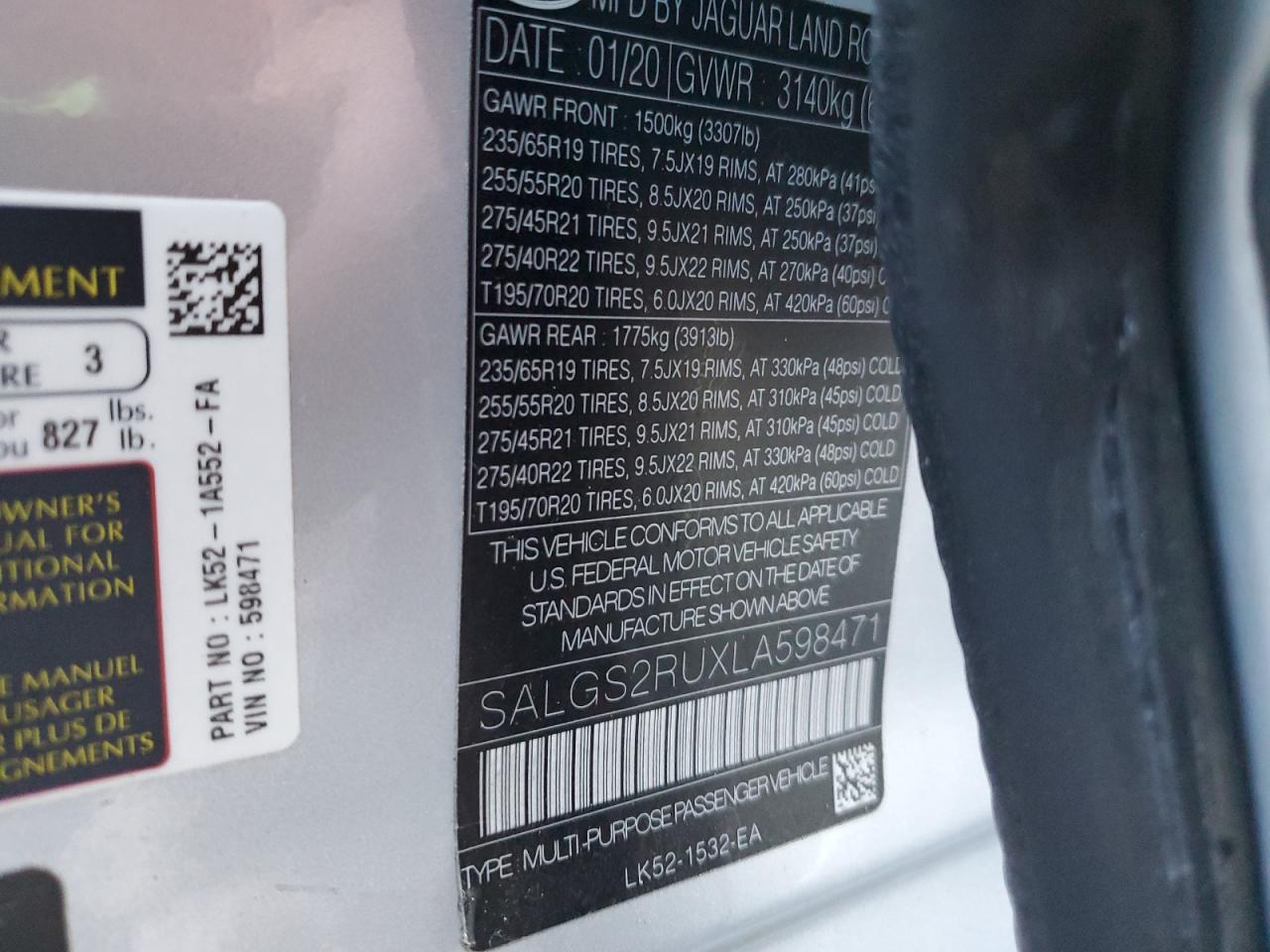 2020 Land Rover Range Rover Hse VIN: SALGS2RUXLA598471 Lot: 86629835