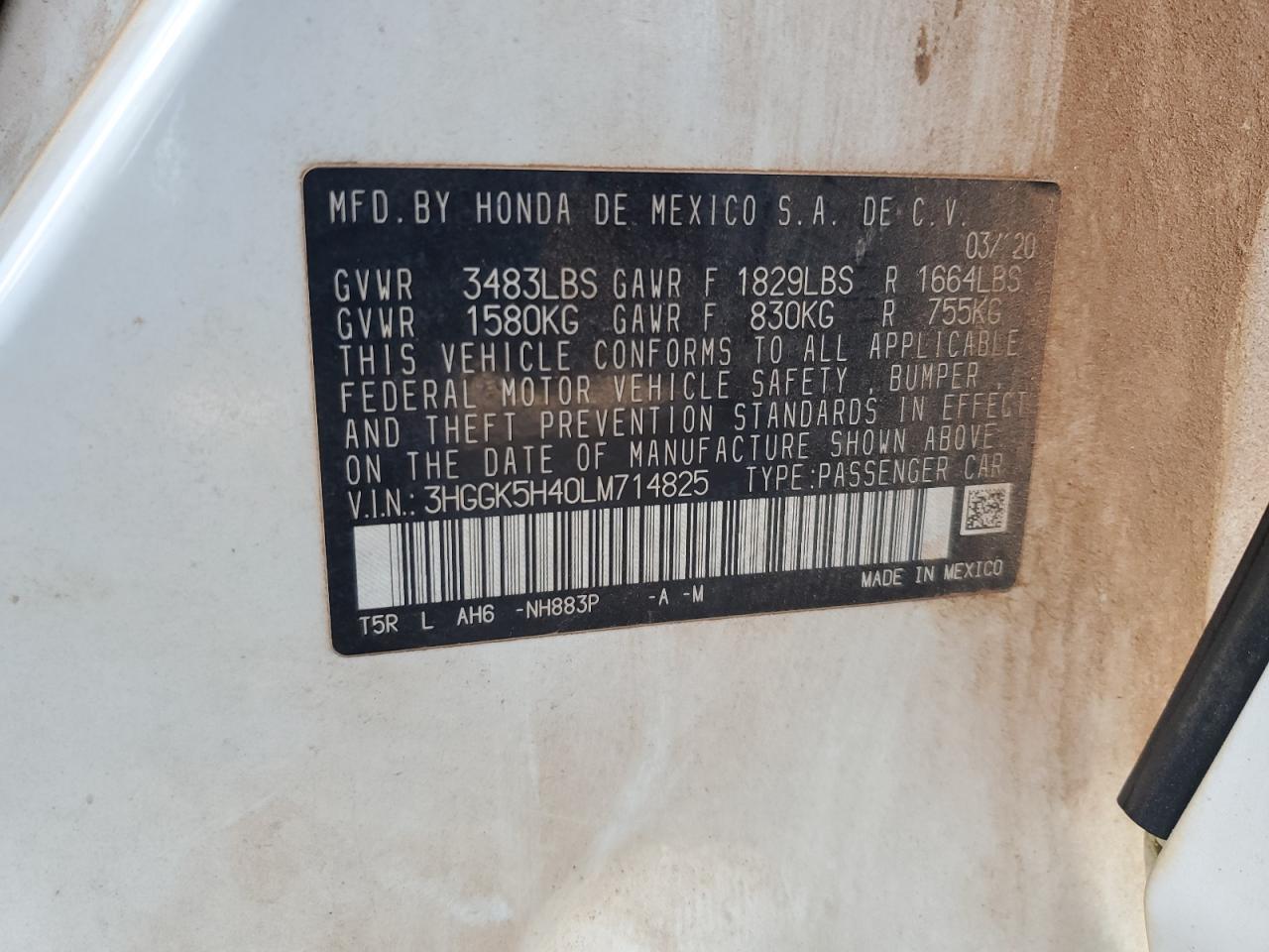 2020 Honda Fit Lx VIN: 3HGGK5H40LM714825 Lot: 92813045