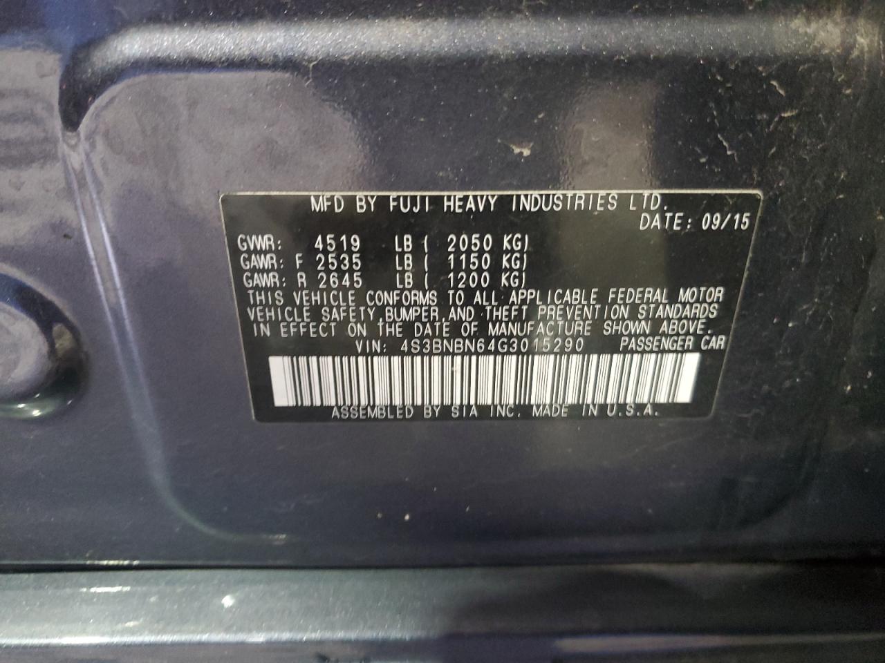 2016 Subaru Legacy 2.5I Limited VIN: 4S3BNBN64G3015290 Lot: 92181525