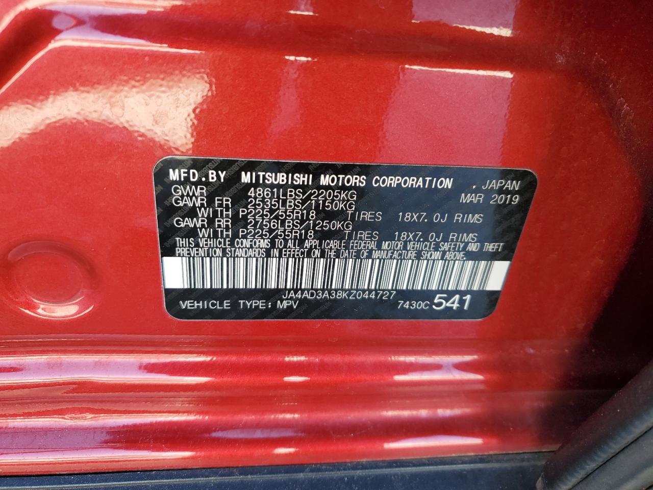 2019 Mitsubishi Outlander Se VIN: JA4AD3A38KZ044727 Lot: 92125715