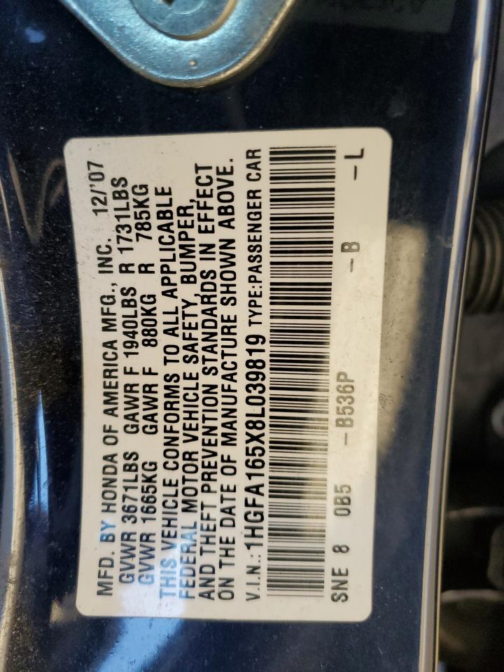 2008 Honda Civic Lx VIN: 1HGFA165X8L039819 Lot: 92172895