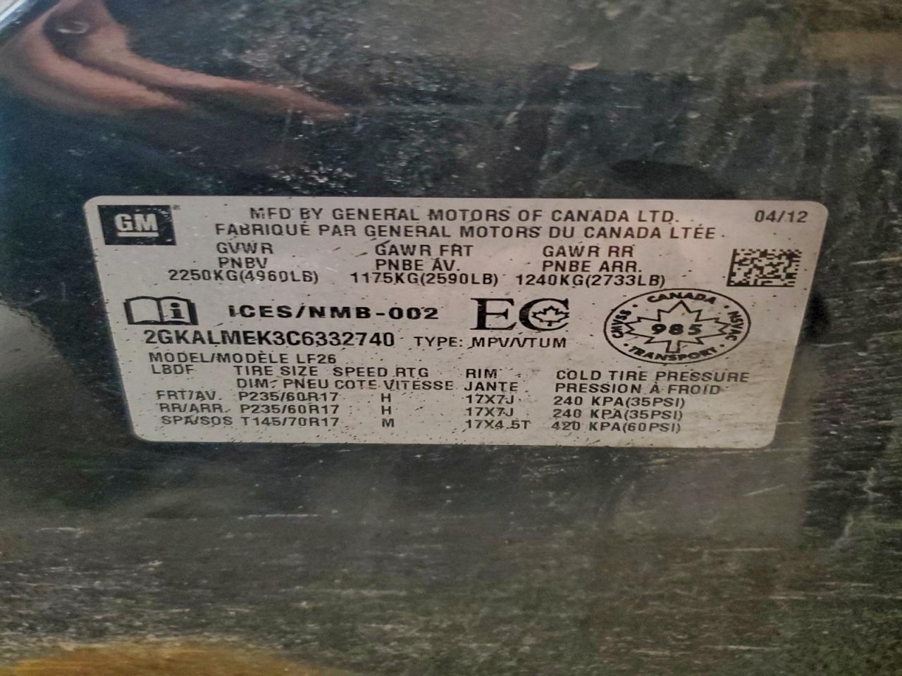 2012 GMC Terrain Sle VIN: 2GKALMEK3C6332740 Lot: 94679785