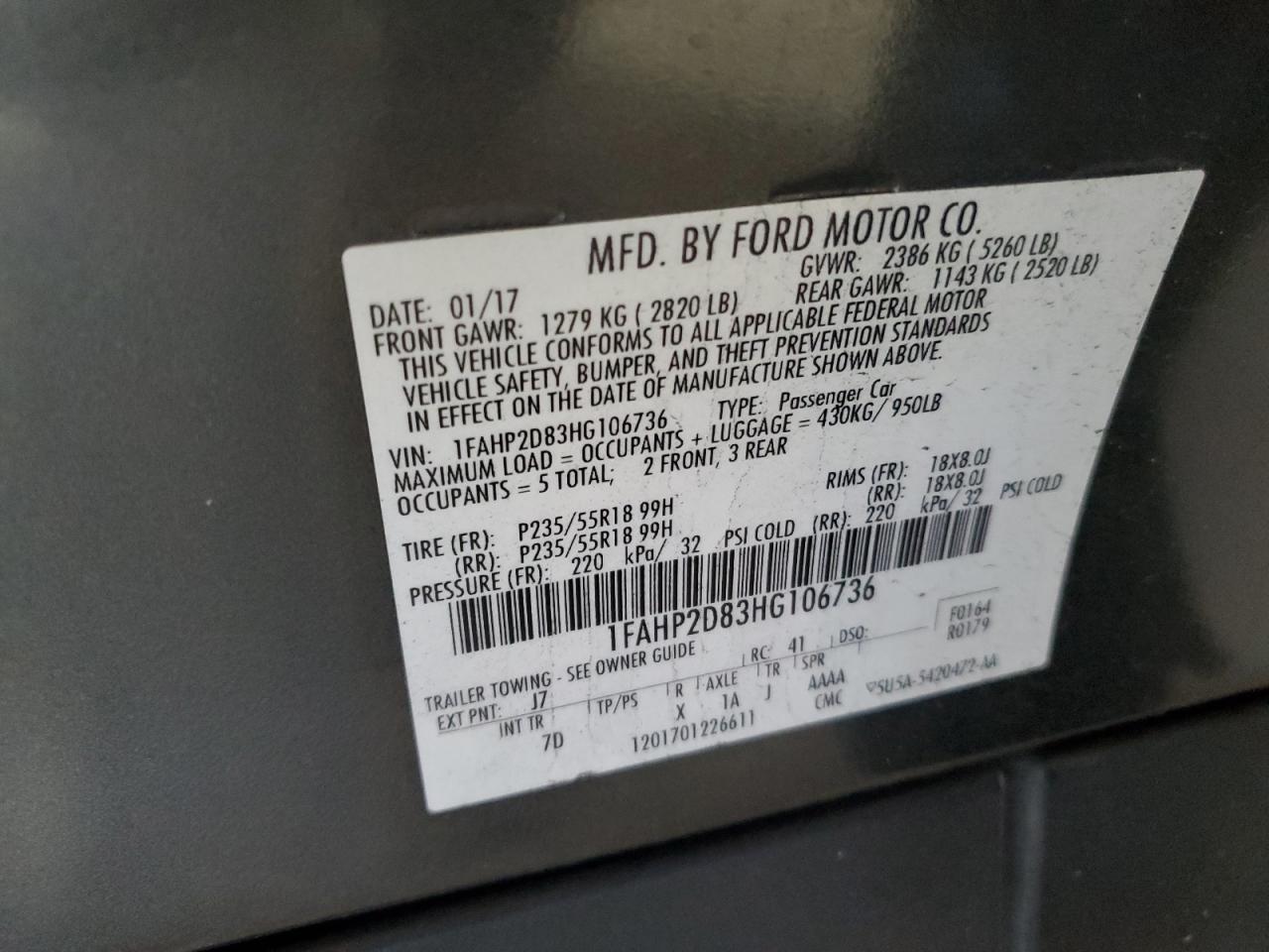 2017 Ford Taurus Se VIN: 1FAHP2D83HG106736 Lot: 91857235