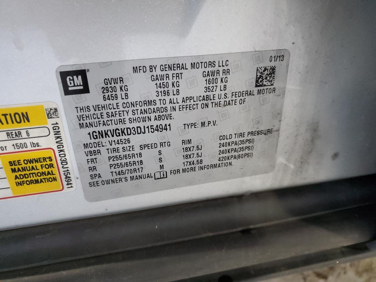 2013 Chevrolet Traverse Lt VIN: 1GNKVGKD3DJ154941 Lot: 93649455