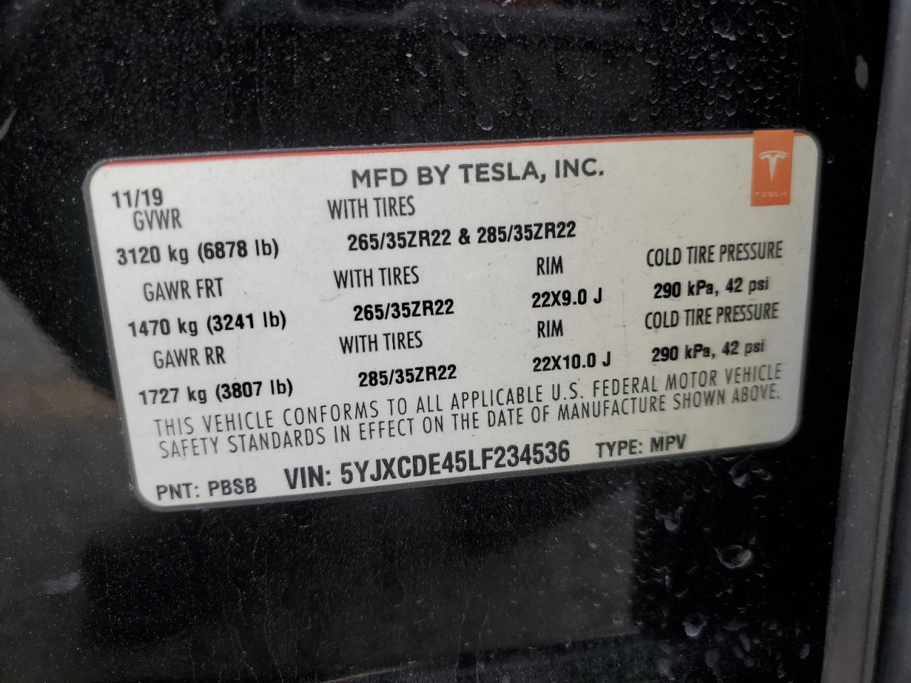 2020 Tesla Model X VIN: 5YJXCDE45LF234536 Lot: 87480845