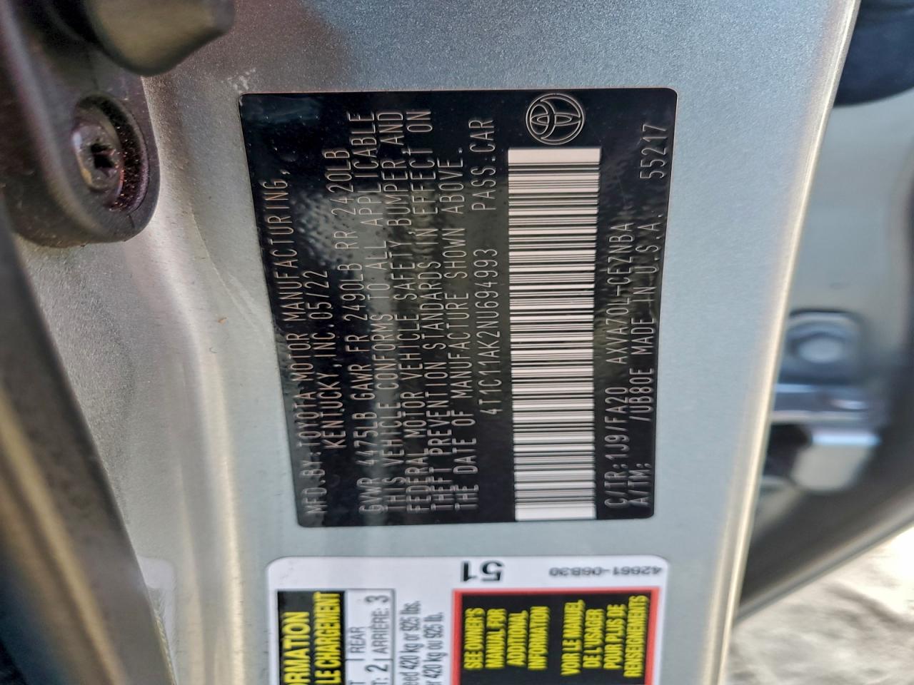 2022 Toyota Camry Le VIN: 4T1C11AK2NU694993 Lot: 92758685