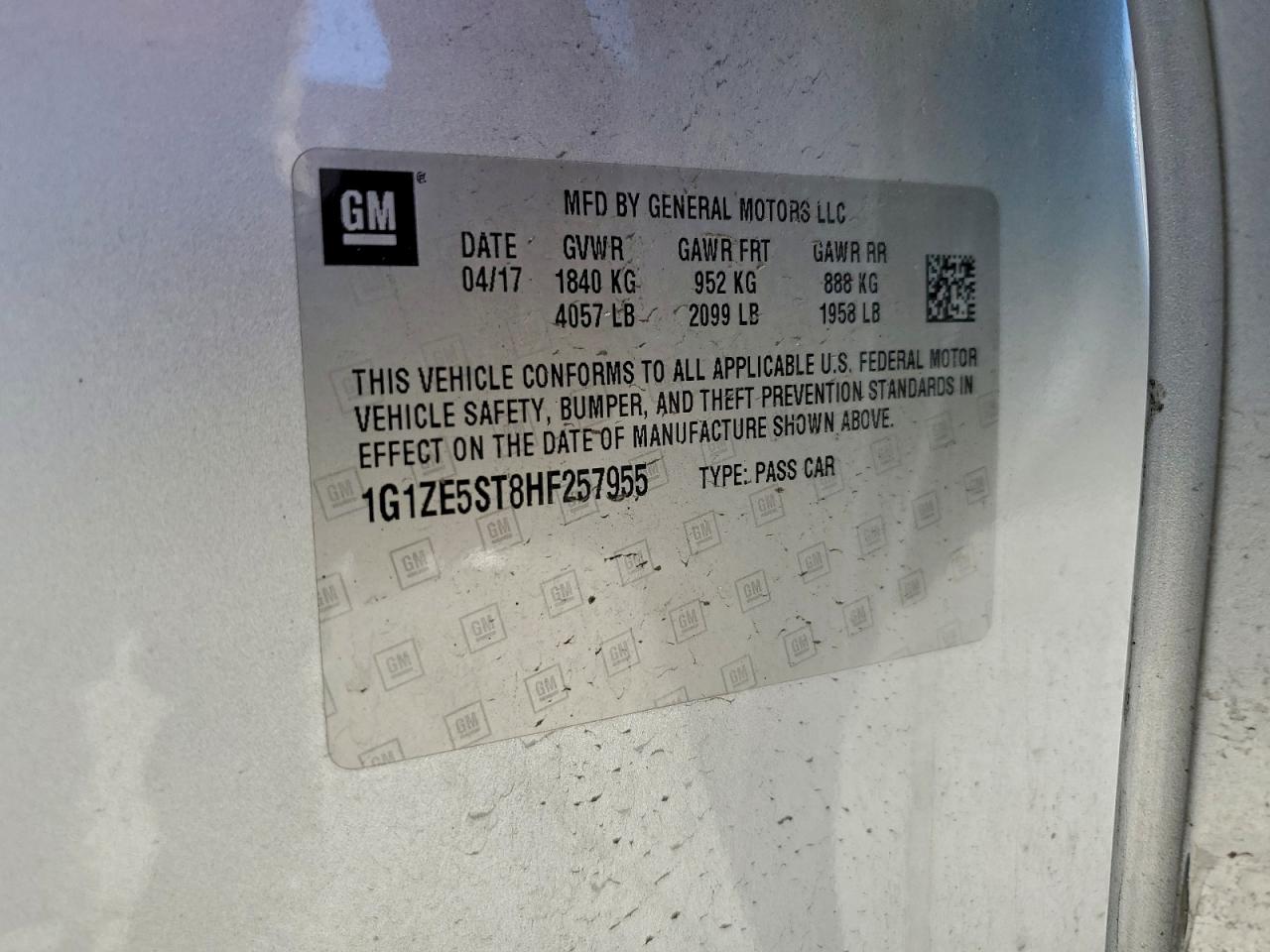 2017 Chevrolet Malibu Lt VIN: 1G1ZE5ST8HF257955 Lot: 94536005