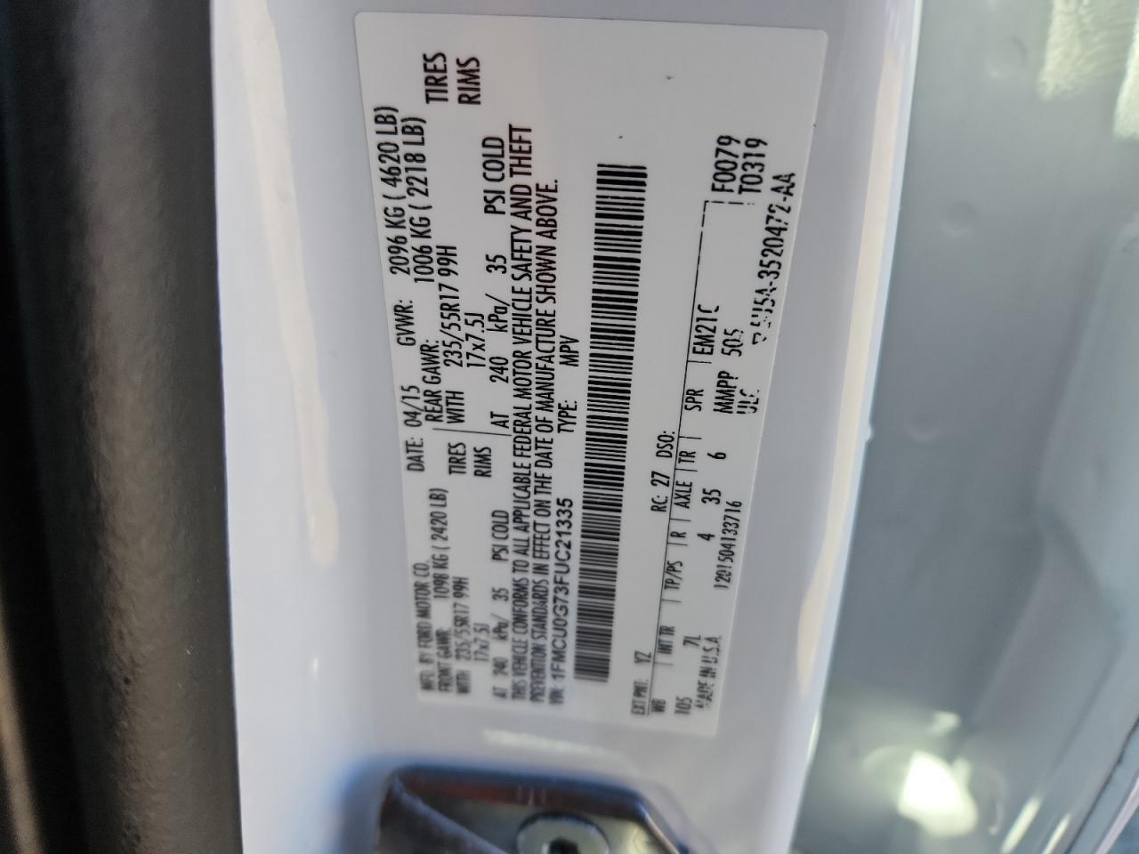 2015 Ford Escape Se VIN: 1FMCU0G73FUC21335 Lot: 92452115