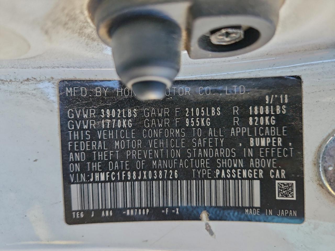 2018 Honda Civic Touring VIN: JHMFC1F98JX038726 Lot: 94287545