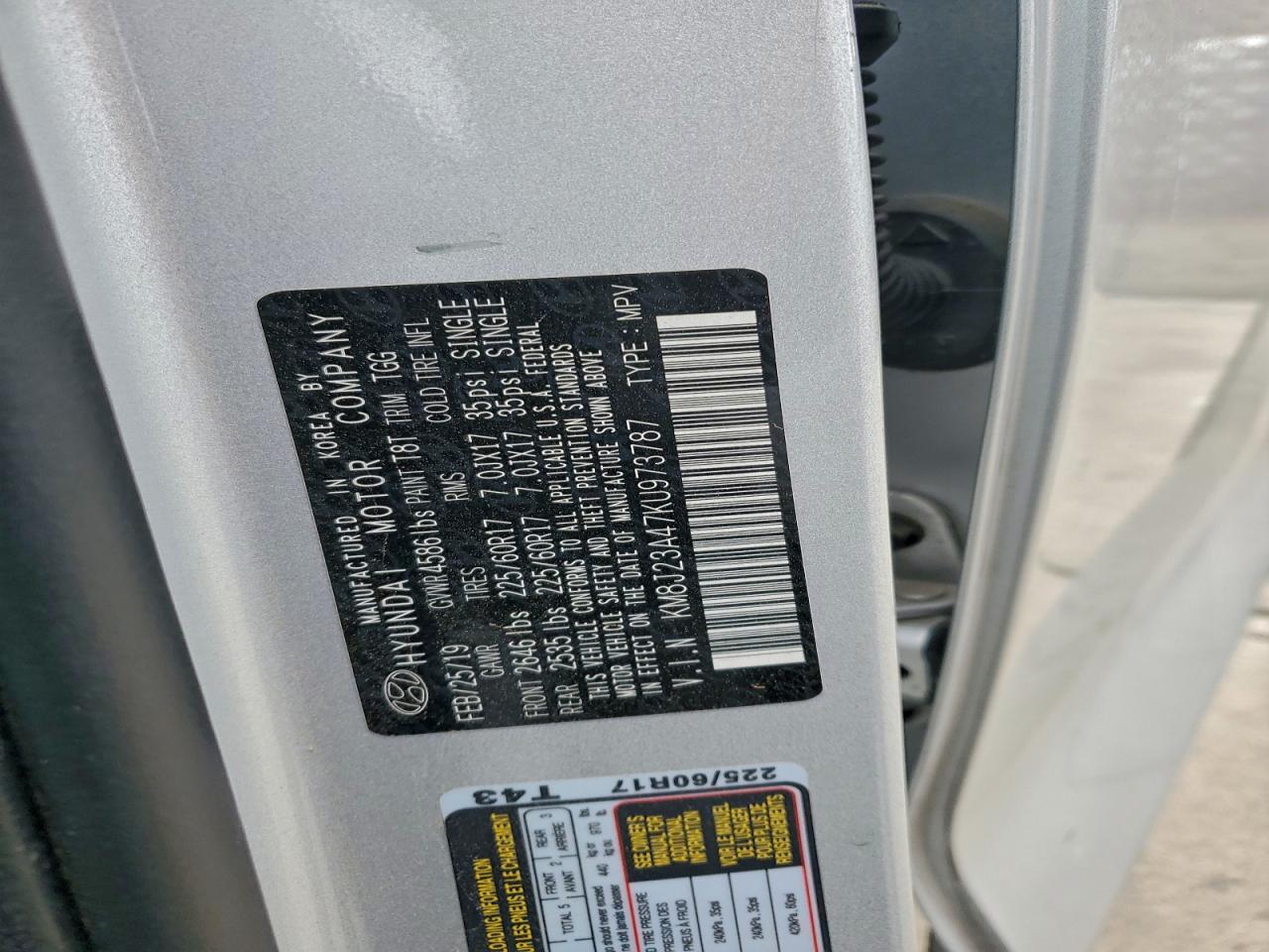 2019 Hyundai Tucson Se VIN: KM8J23A47KU973787 Lot: 93776475