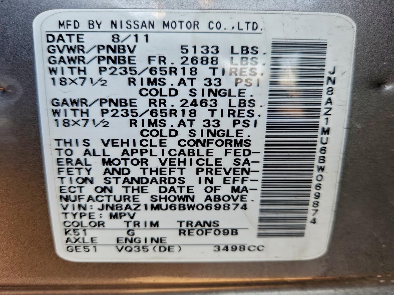 2011 Nissan Murano S VIN: JN8AZ1MU6BW069874 Lot: 93949675