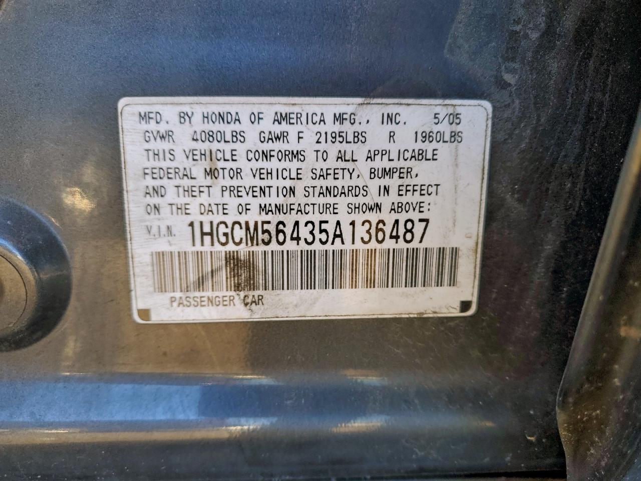 2005 Honda Accord Lx VIN: 1HGCM56435A136487 Lot: 93810775