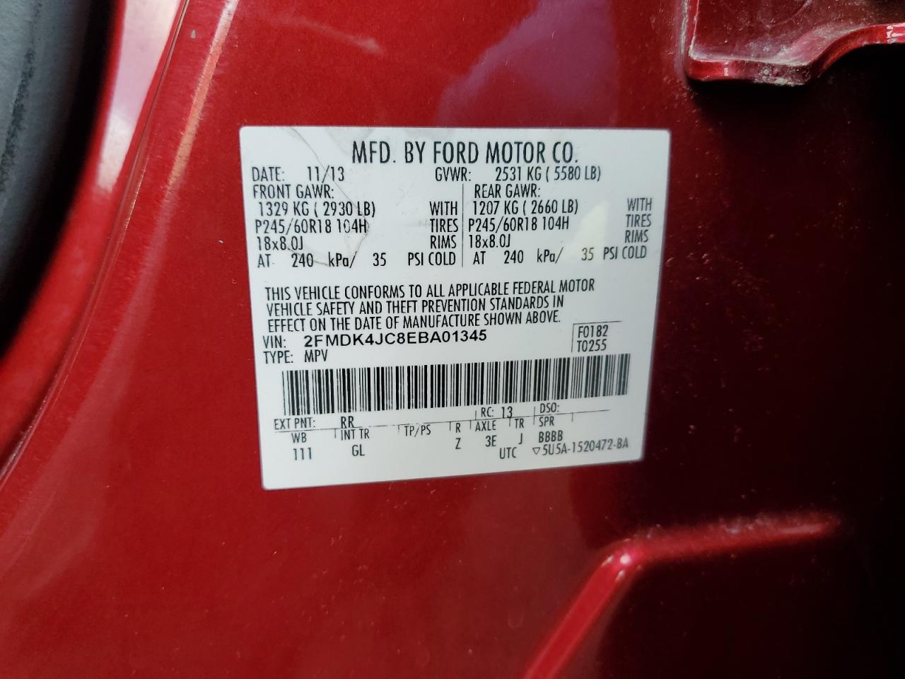 2014 Ford Edge Sel VIN: 2FMDK4JC8EBA01345 Lot: 92876325