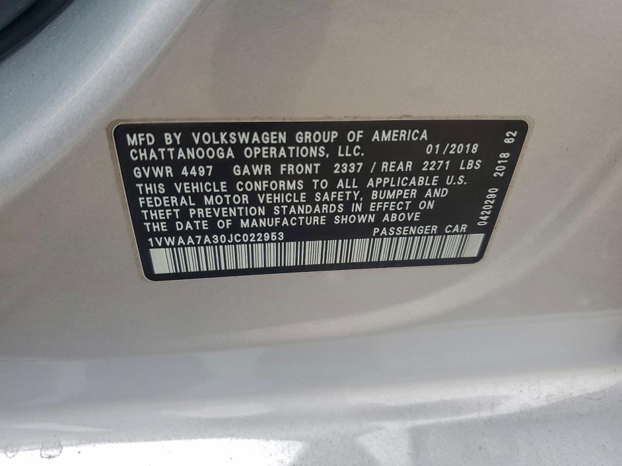 2018 Volkswagen Passat S VIN: 1VWAA7A30JC022953 Lot: 93635125