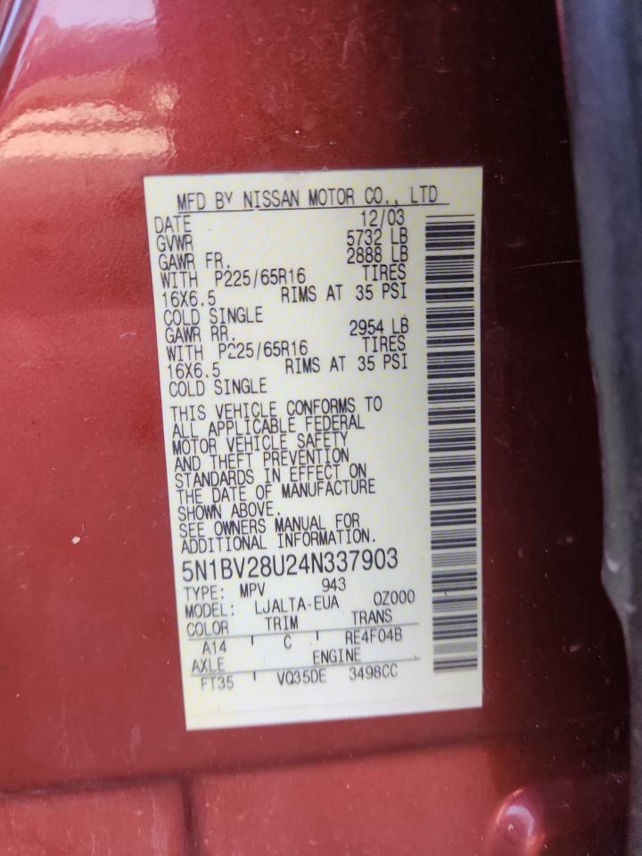 2004 Nissan Quest S VIN: 5N1BV28U24N337903 Lot: 92099085